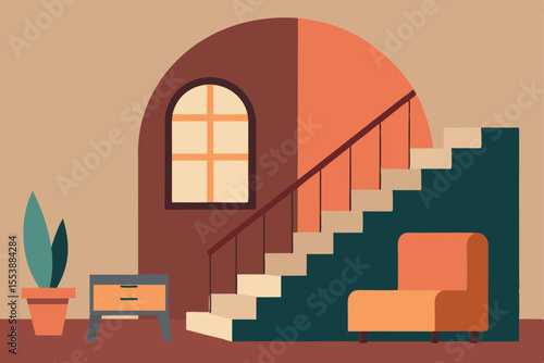 Interior room of an empty house with a wooden door, staircase, and window, featuring modern architecture and natural light