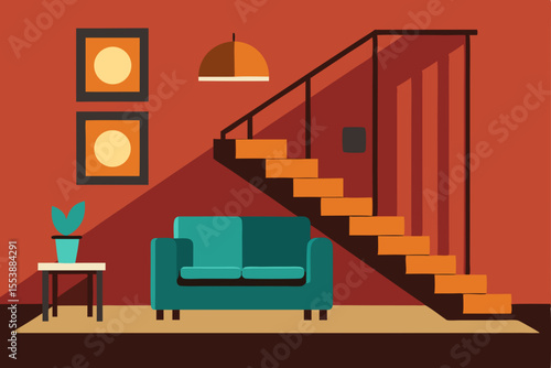 Living room interior design for a hotel or home, featuring modern furniture and architectural elements