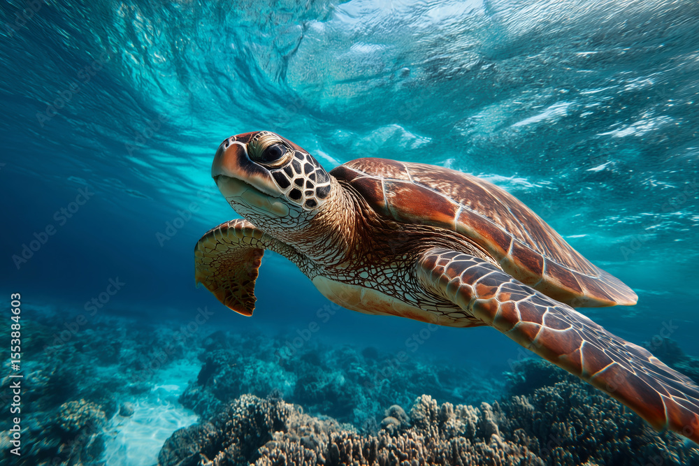 Fototapeta premium Sea turtle swimming underwater in ocean. A beautiful underwater shot of marine life. Ocean conservation, marine biodiversity, underwater wildlife.