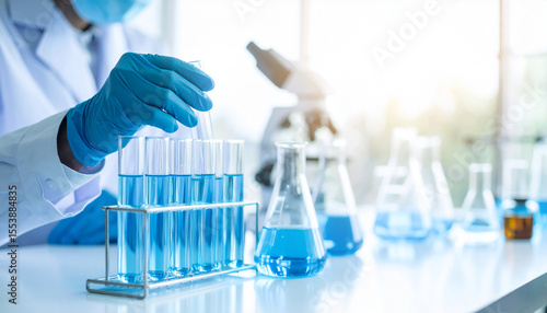 Glass flask and test tube in research science lab background. Concept of technology development and research.