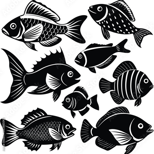 Various fish species illustration showcasing different types of fish isolated