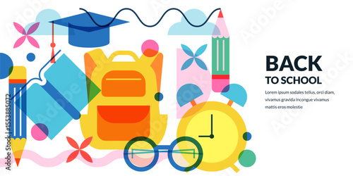 Back to school banner poster design. Vector education illustration of backpack, book, alarm clock, pencils, mortarboard