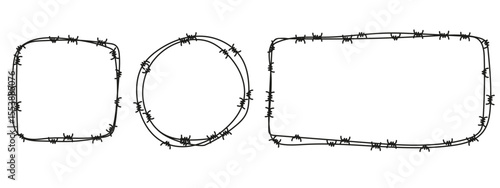 Set of barbed wire frames in hand-drawn sketch style. Vector design elements for military, prison, slavery or security concepts. Rough metal border illustration.