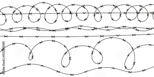 Set of various barbed and razor wire. Wavy security fencing in scalable vector style. Military, prison or restricted area protection design. Sharp metal border elements.