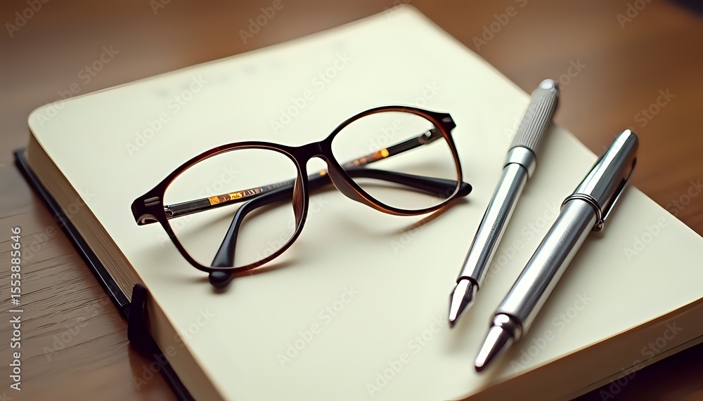 Fototapeta premium Notebook, Glasses, and Pen on Wooden Surface