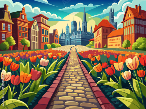 vector of A beautiful plain covered with tulips. It starts with cobblestones and the end of cobblestones leads to a beautiful city.