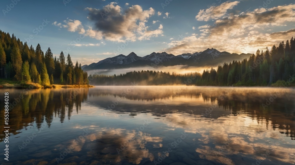 Fototapeta premium Sunrise Mist Beneath Snow-Capped Mountain Peaks 