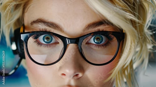 Focus and Clarity: A close-up captures an individual with piercing gaze, framed by stylish eyewear and a headset, conveying intelligence and attentiveness in a modern setting.