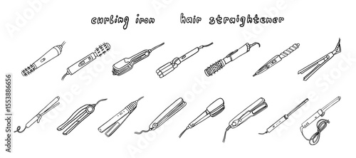 Set of hairdresser tools. Hair straightener, flat iron, curling iron, curling wand. Stylist. Beauty salon. Hand drawn