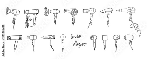 Set of hairdresser tools in doodle style. Hair dryer, hair straightener, diffuser. Stylist. Beauty salon. Hand drawn