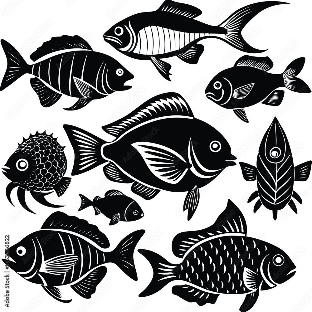 Fototapeta premium Various fish species, diverse aquatic life, underwater world, isolated fish collection, different types of fish