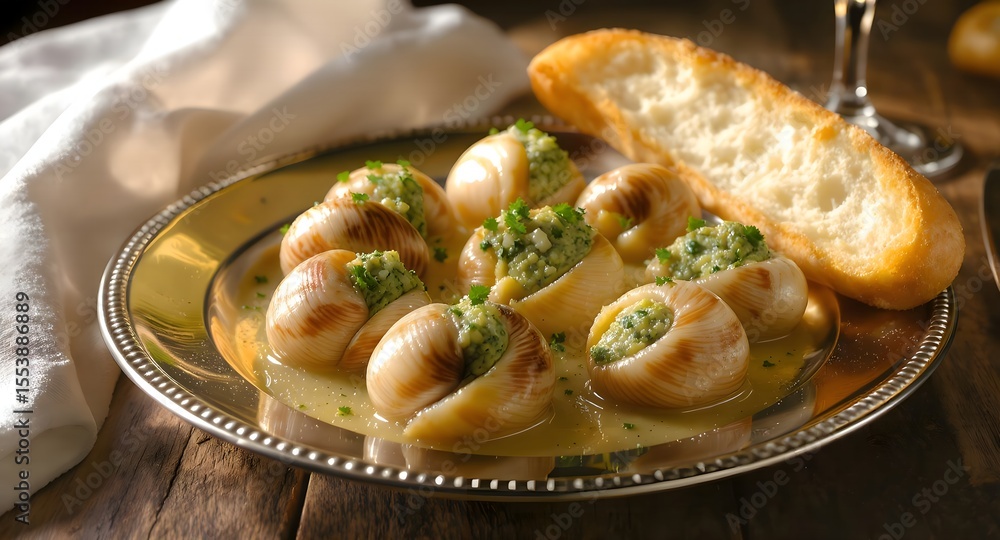 Traditional French Escargot with Garlic Butter and Baguette
Traditional French Escargot with Garlic Butter and Baguette
