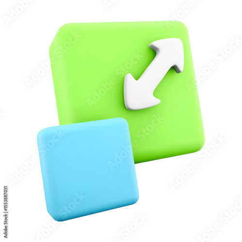 A 3D graphic representation of two colored blocks, one green with an arrow indicating resizing, and one blue.