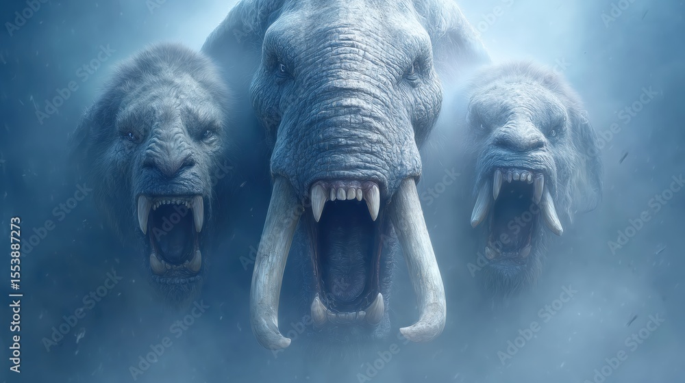 Fototapeta premium Three powerful creatures roar in a misty landscape, showcasing their impressive tusks and wild nature.