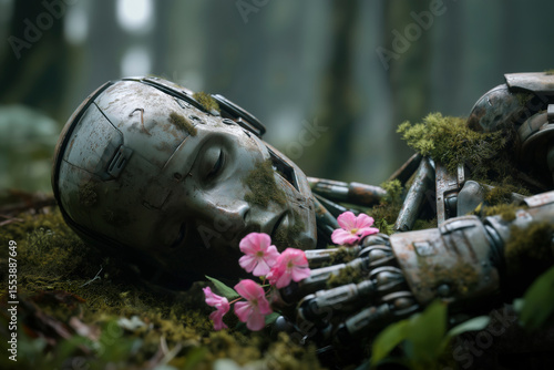 Robot rests in a forest, covered in moss and holding pink flowers. A symbolic and evocative medium shot. Hopeful future, technological dystopia, artificial intelligence.