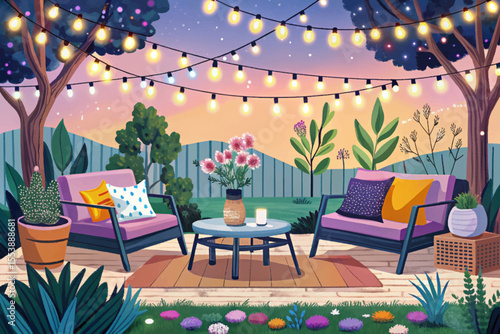 Evening Garden Scene with String Lights and Cozy Seating Area vector cartoon