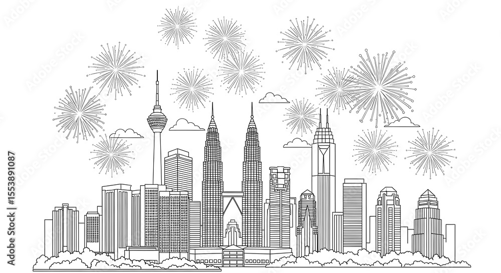 Fototapeta premium Kuala lumpur cityscape with fireworks and clouds isolated on transparent background