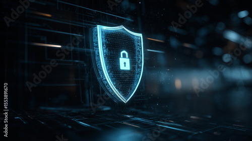 Glowing blue digital shield with padlock symbol representing cybersecurity and data protection