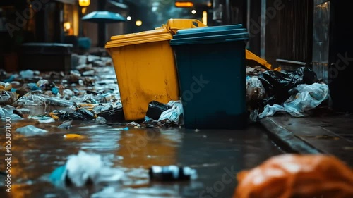 Overflowing trash bins and litter in a flooded alleyway