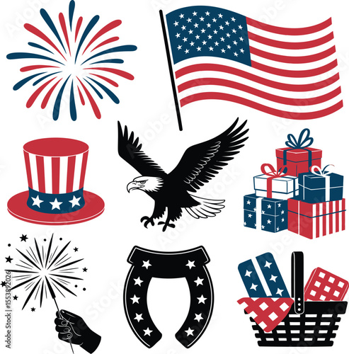 American patriotic symbols including flag eagle hat fireworks gifts horseshoe picnic basket vector