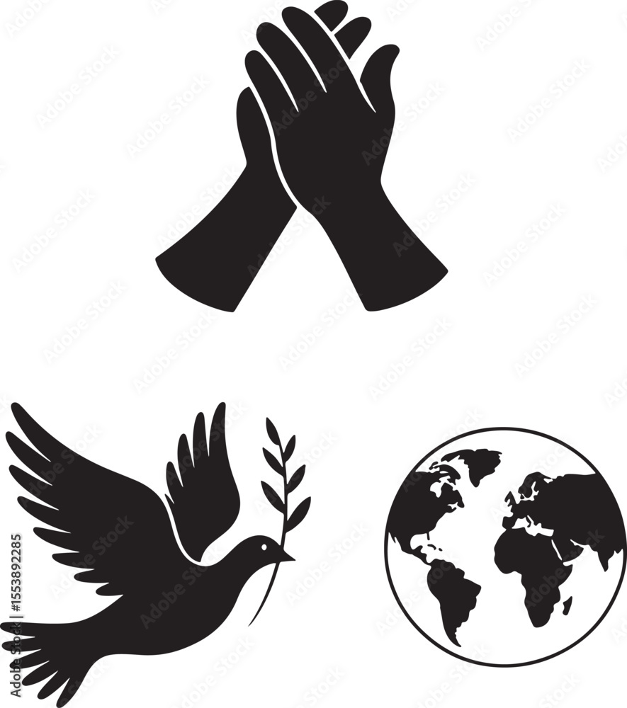 Obraz premium Black silhouette of clapping hands dove with olive branch and globe applause bird