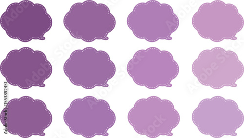 All the bubbles have a distinctive, rounded, cloud-like, or scalloped edge design. This vector image features twelve speech bubbles.
