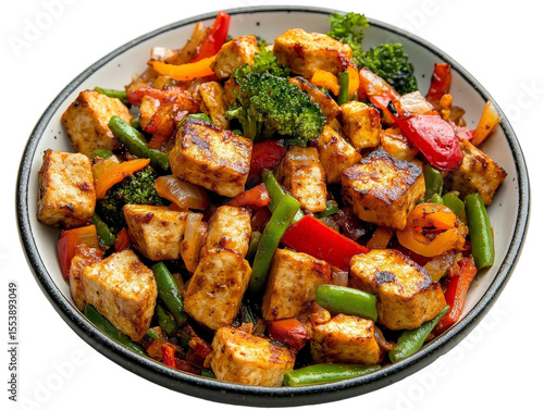 Colorful Stir-Fried Tofu and Vegetables in a Bowl with Fresh Broccoli, Bell Peppers, and Green Beans for Healthy Eating or Vegan Recipes