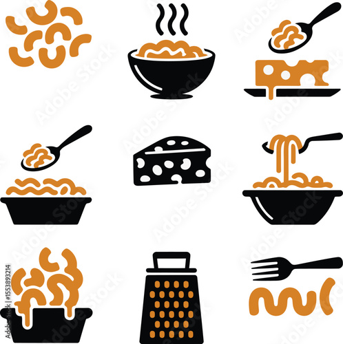 Macaroni and cheese icons with grater and fork pasta food