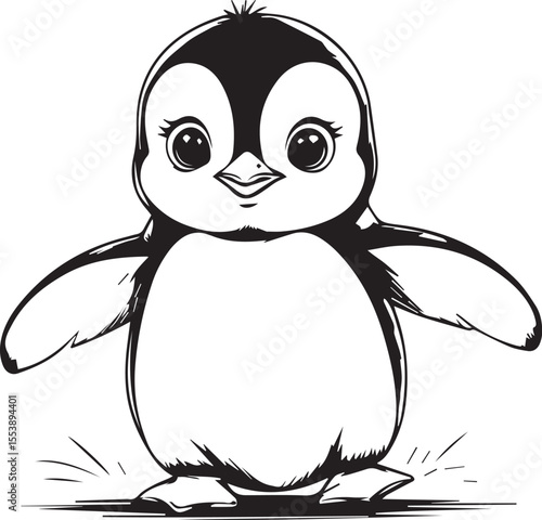 Baby Penguin Illustration: This adorable penguin illustration captures a moment of pure, innocent charm. The penguin stands upright, with its flippers slightly spread, eyes shining.