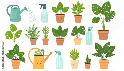 A cheerful collection of potted indoor plants, watering cans, and spray bottles, illustrated in a simplistic, cartoonish style with happy faces on some pots