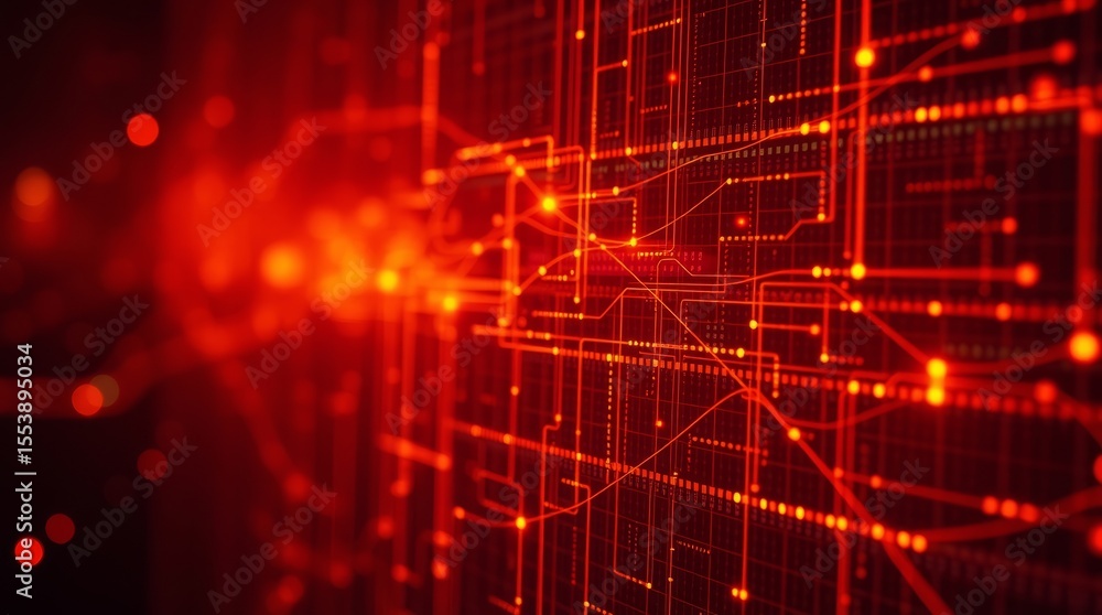 Obraz premium Digital Red Lines: a digital representation of interconnected data points and flowing lines, representing an abstract network of information and data streams. 
