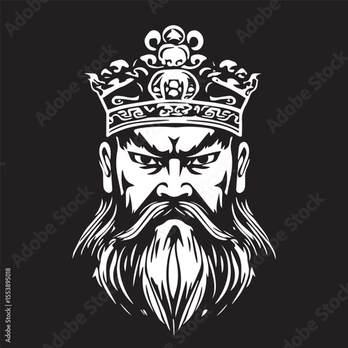 Majestic Monarch: A striking depiction of a regal figure, adorned with an ornate crown and a commanding presence, embodying power and authority in a black and white illustration.
