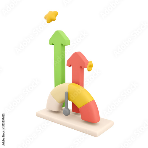 A colorful gauge with upward arrows representing growth or progress in a business context.