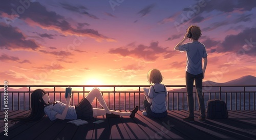 Anime-style scene of three people enjoying a vibrant sunset from an elevated platform. One reads, one listens to music, & one studies, silhouetted against the sky.
