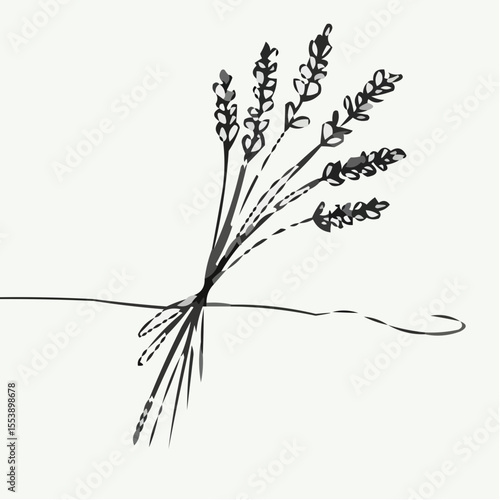 Black line art of lavender bouquet tied with ribbon on neutral background, Tea table decoration, Tea table decoration 