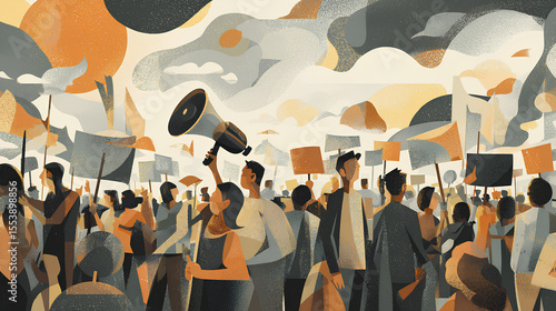 Stylized illustration featuring scenes from a protest rally -  protest signs and a bullhorn, in muted colors Stock Illustration
