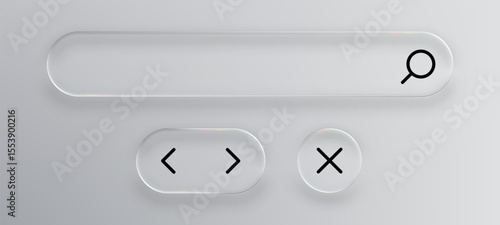 Clear liquid glass search bar with magnifying glass icon and navigation buttons for web design interface elements.