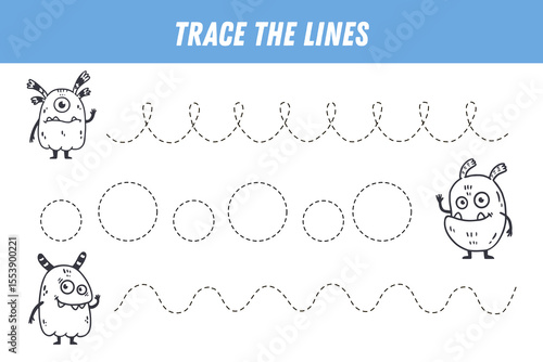 Tracing lines for kids. Cute cartoon monsters. Handwriting practice. Educational game for preschool kids. Activity page. Vector
