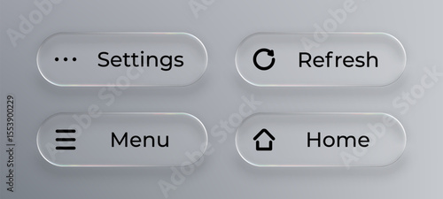 Liquid glass push buttons set for app interface design. Mobile application UI elements concept in dark mode.