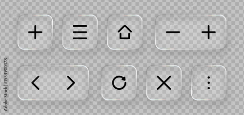 Set of glassmorphism ui design elements with realistic liquid glass effect used for graphic design interface concept.