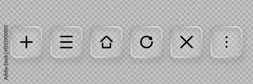 Set of liquid glass vector icons with transparent effect. Neumorphic buttons for web interface design or mobile app development.