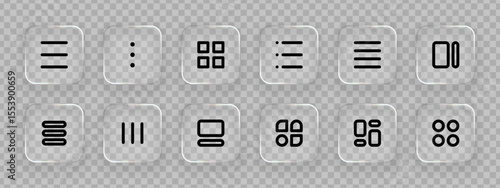 Set of liquid glass user interface icons template. Digital computer web button elements. Mobile app square glassy buttons for technology concept.
