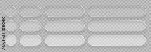 Empty rectangular and circular glass frames. Transparent liquid glass vector display element template for web design or presentation.