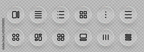 Set of black user interface control icons displayed on liquid glass circles. Modern application and website button design for web development.