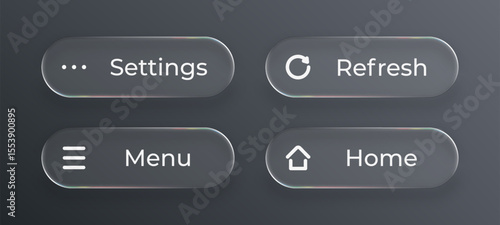 Set of liquid glass user interface buttons for application design. Modern ui element with gradient and clear surface.