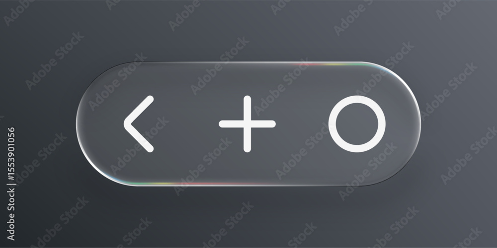 Obraz premium Liquid glass button with left arrow, plus, and circle icons. Modern ui element for web or application design. Transparent style.
