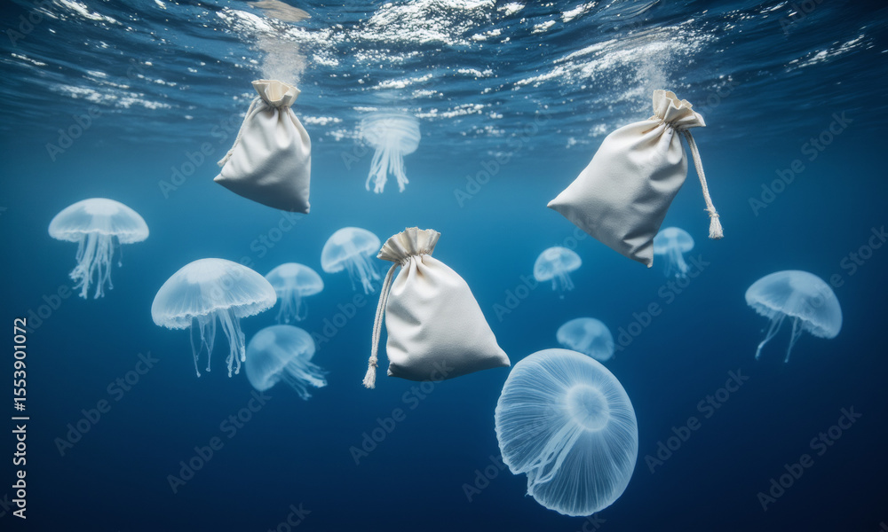 Fototapeta premium Dreamlike Image of Cloth Bags Floating Like Jellyfish in a Clean Deep Blue Sea