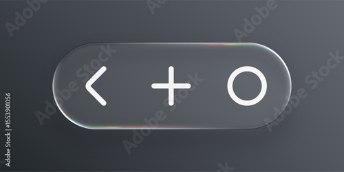 Liquid glass button with left arrow, plus, and circle icons. Modern ui element for web or application design. Transparent style.