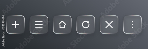 Liquid glass vector design of six essential common UI icons with a transparent, glossy effect on a dark background.