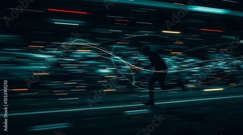 Digital Pursuit: A mysterious figure races through a futuristic, high-speed digital landscape, with streaks of light symbolizing the dynamic flow of information and technology.